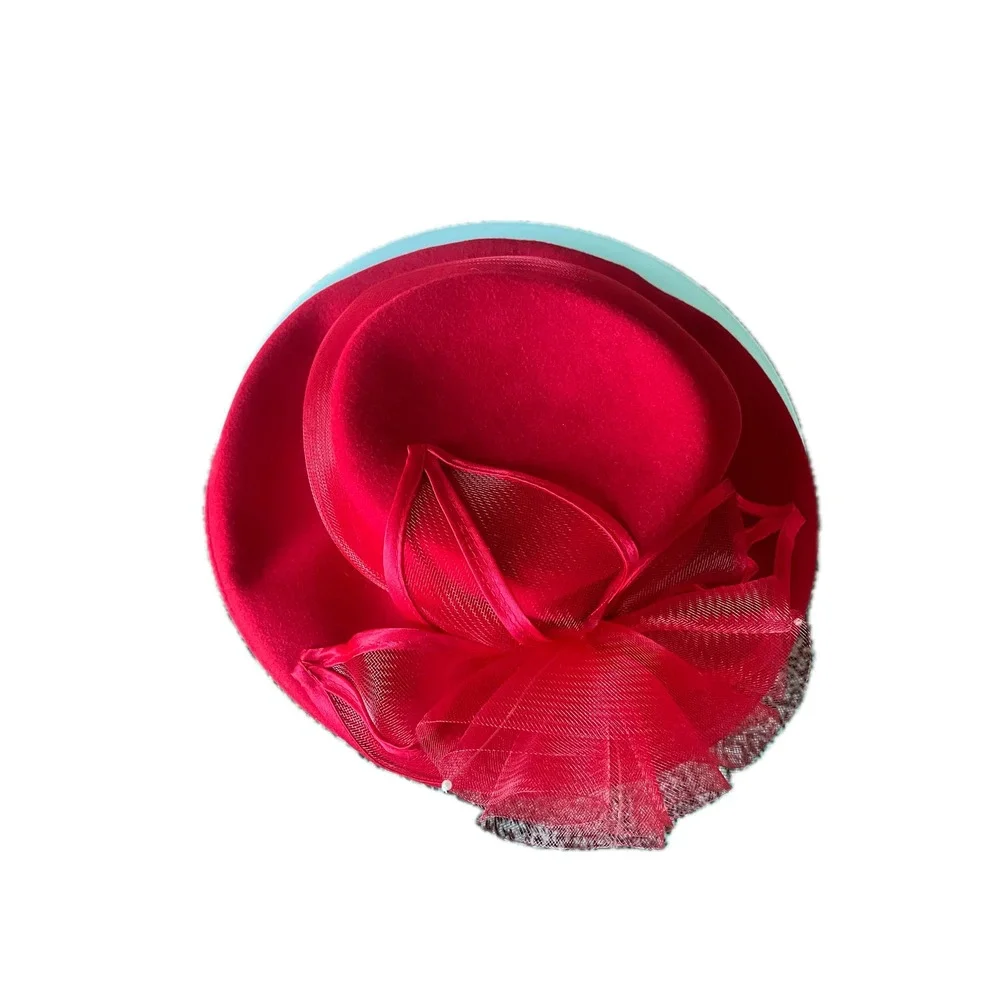 Vintage 60s Red Wool Pillbox-Style Hat Rose Fascinator Trim Fall Winter Chic